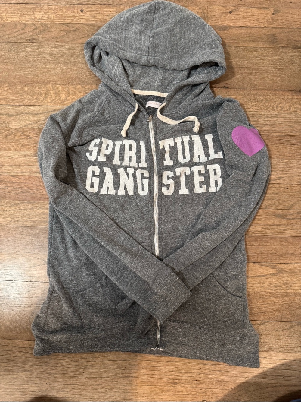 Spiritual Gangster Women's Gray Zip Hoodie with Purple Heart Arm Patch